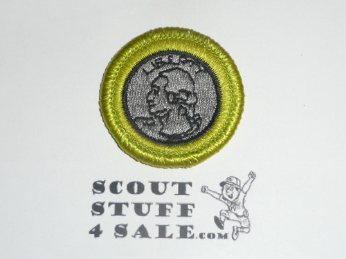 Coin Collecting (black letters), black ring - Type K - Fully Embroidered Merit Badge with 100th Anniv backing (2010)