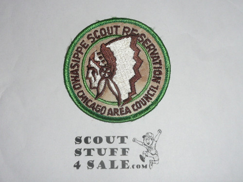 Owasippe Scout Reservation Patch, Chicago Area Council, wht twill and green bdr, soiled