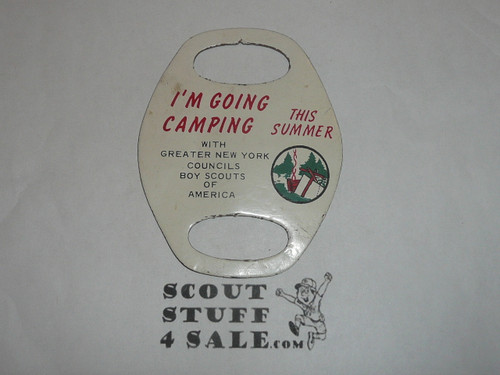 Greater New York Coiuncils I'm Going Camping Metal Neckerchief Slide