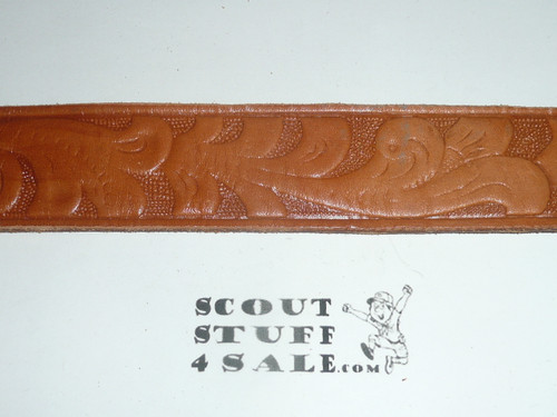 1980's Official Boy Scout Tooled Leather Belt, 34" waist, some use
