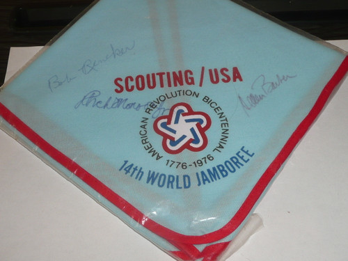 1975 Boy Scout World Jamboree USA Contingent Neckerchief, signed by Chief Scout Alden Barber and others
