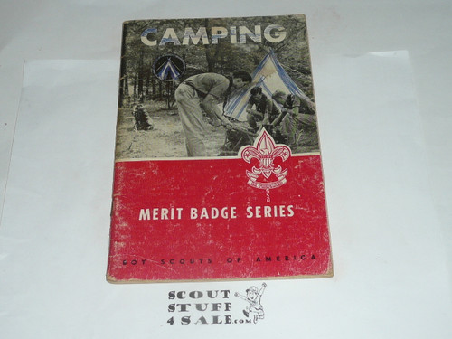 Camping Merit Badge Pamphlet, Type 6, Picture Top Red Bottom Cover, 9-54 Printing