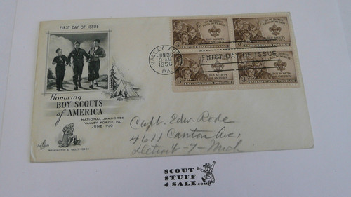 1950 National Jamboree First Day of Issue Envelope with First day of issue cancellation and 4 BSA 3 cent stamps