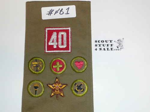 1930's Boy Scout Merit Badge Sash with 5 square merit badges, early Star Patch & Felt unit number, #FB1