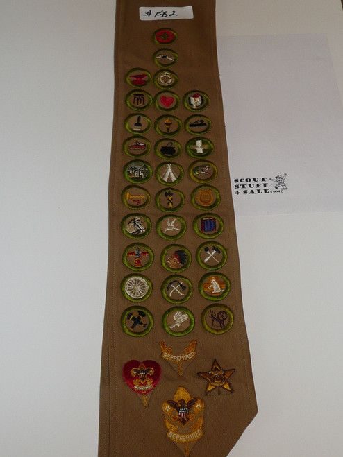 1930's Boy Scout Merit Badge Sash with 31 square merit badges and early Rank Patches, #FB2