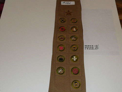 1930's Boy Scout Merit Badge Sash with 13 square merit badges and early Star Rank, #FB6