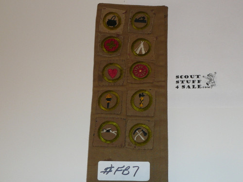 1930's Boy Scout Merit Badge Sash with 10 square merit badges, #FB7