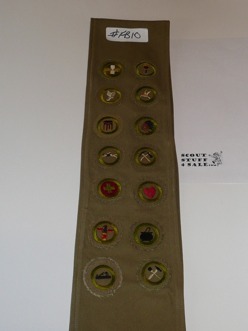 1940's Boy Scout Merit Badge Sash with 14 wide crimped merit badges, #FB10