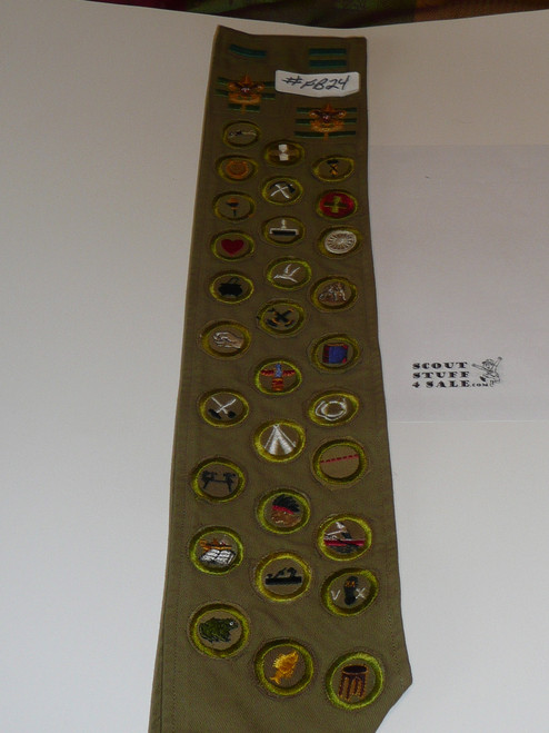 1940's Boy Scout Merit Badge Sash with 30 crimped merit badges and position patches, #FB24