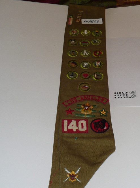 1940's Boy Scout Merit Badge Sash with 16 crimped merit badges, Sateen LAAC Camp Patches, Rank/Position Patches and a Los Angeles Kh/Red Strip, 1950 NJ LAAC JSP and more, #FB28