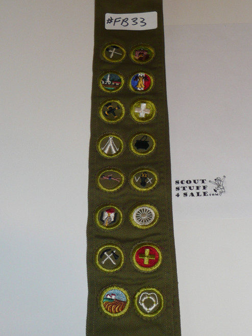 1950's Boy Scout Merit Badge Sash with 16 Khaki Crimped Merit badges, #FB33