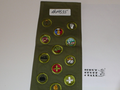 1950's Boy Scout Merit Badge Sash with 18 Khaki Crimped Merit badges, #FB35