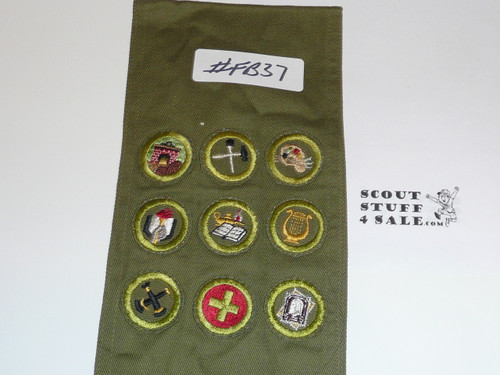 1950's Boy Scout Merit Badge Sash with 9 Khaki Crimped Merit badges, #FB37