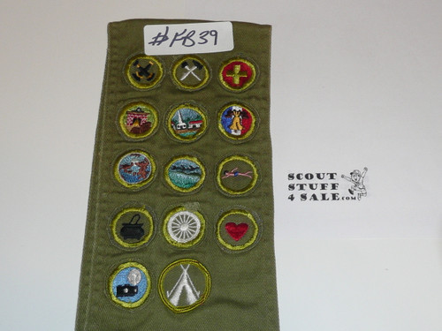 1950's Boy Scout Merit Badge Sash with 13 Khaki Crimped & 1 R/E Twill Merit badges, #FB39