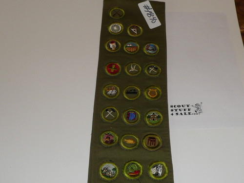 1950's Boy Scout Merit Badge Sash with 21 Khaki Crimped Merit badges, #FB40