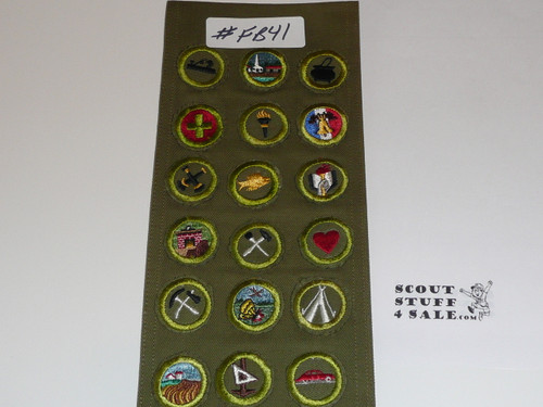 1950's Boy Scout Merit Badge Sash with 30 Khaki Crimped Merit badges, #FB41