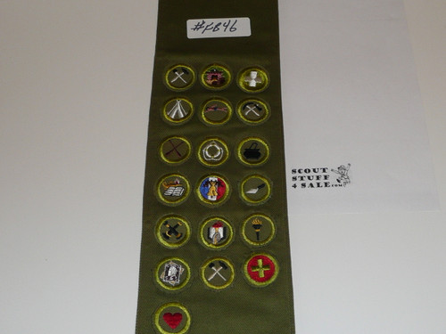 1950's Boy Scout Merit Badge Sash with 19 Khaki Crimped Merit Badges & a Philmont Trek Patch, #FB46