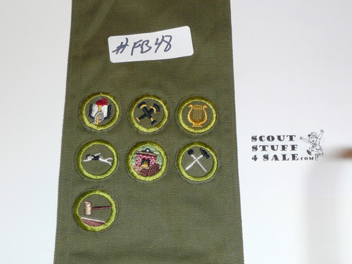 1950's Boy Scout Merit Badge Sash with 7 Khaki Crimped Merit Badges, #FB48