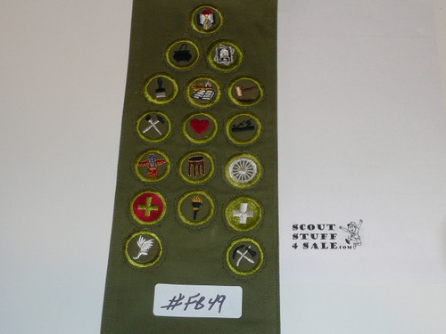 1950's Boy Scout Merit Badge Sash with 17 Khaki Crimped Merit Badges, #FB49