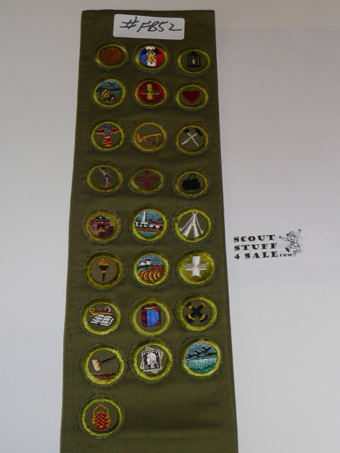 1950's Boy Scout Merit Badge Sash with 25 Khaki Crimped Merit Badges, #FB52