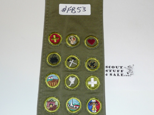 1950's Boy Scout Merit Badge Sash with 23 Khaki Crimped Merit Badges, #FB53