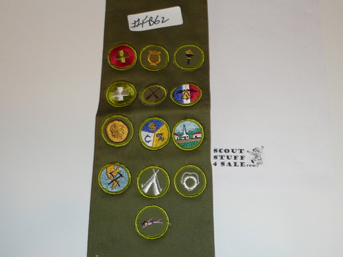 1960's Boy Scout Merit Badge Sash with 13 Rolled Edge Merit badges, #FB62