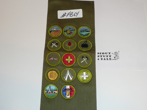 1960's Boy Scout Merit Badge Sash with 14 Rolled Edge Merit badges, #FB64
