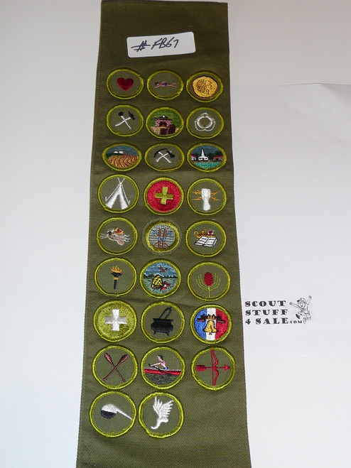 1960-70's Boy Scout Merit Badge Sash with 26 Rolled Edge Merit badges, #FB67