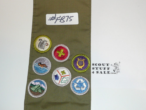 1970's Boy Scout Merit Badge Sash with 7 Rolled Edge Merit badges, #FB75