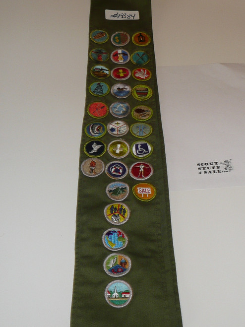 1980's Boy Scout Merit Badge Sash with 30 Rolled Edge Merit badges, #FB84