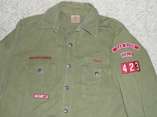 1960's Boy Scout Uniform Shirt with patches from San Diego CA, 22" Chest and 29" Length, #FB15
