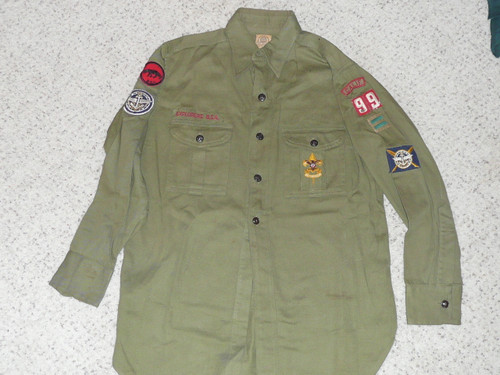 1940's Boy Scout Explorer Uniform Shirt with insignia from CA, 14" neck 21" Chest and 28" Length, #FB27