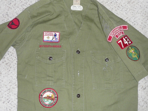 1960's Boy Scout Uniform Shirt 1964 Jamboree from Brownfeld TX, 20" Chest and 28.5" Length, #FB28