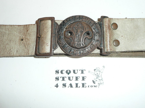 Early British Boy Scout Cast Belt Buckle on Leather Belt, used and leather faded