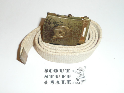 1960's Explorer Scout Brass Friction Belt Buckle with white web belt, used