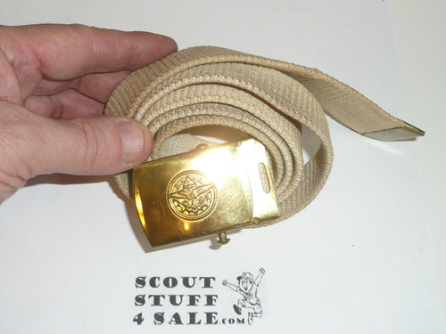 1950's Explorer CAW design Brass Friction Belt Buckle with white web belt, buckle unused