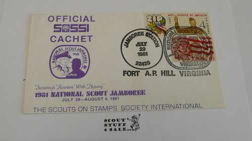 1981 National Jamboree SOSSI Envelope with Jamboree First Day cancellation and BSA 4 cent stamp and GSA stamp