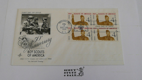 Boy Scouts of America 50th Anniversary Celebration FDC Envelope with first day cancellation and  Four BSA 4 cent stamp