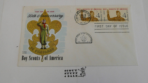 Boy Scouts of America 50th Anniversary Celebration FDC Envelope with first day of issue cancellation and two BSA 4 cent stamps