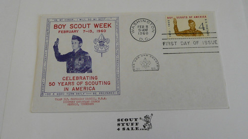 Boy Scouts of America 50th Anniversary Celebration Stamp FDC Envelope with first day of issue cancellation and BSA 4 cent stamp, Boy Scout Week