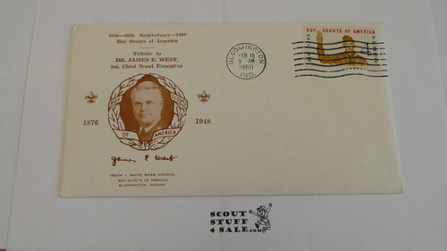 Boy Scouts of America 50th Anniversary Celebration Tribute to James E West FDC Envelope with first day of issue cancellation and BSA 4 cent stamp