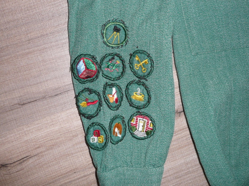 1950's Girl Scout Uniform with many patches from Pottstown, 19" chest x 40" length, GS12