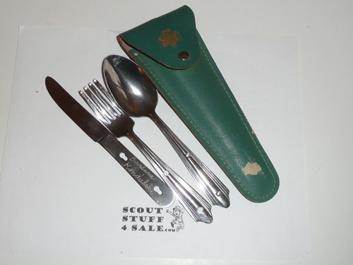 1950's Official Girl Scout Utensil Set, Fork Knife & Spoon with Case, Made By Schrade, With Leather Case