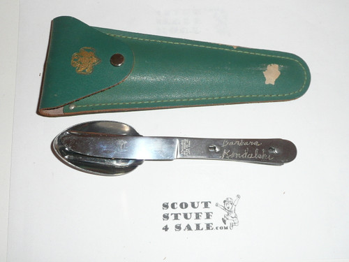 1950's Official Girl Scout Utensil Set, Fork Knife & Spoon with Case, Made By Schrade, With Leather Case