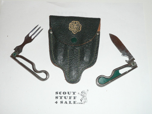 1950's Official Girl Scout Utensil Set, Folding Fork & Knife with Case, Made By Schrade, With Leather Case
