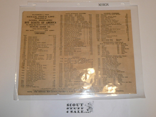1929 Sigmund Eisner Retail Price Sheet for Official Boy Scouts of America Items