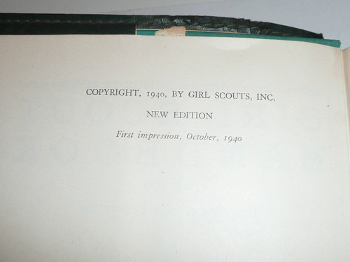1940 Official Girl Scout Handbook, hardbound, 10-40 Printing, 1st printing of new edition, leather book cover and MINT book