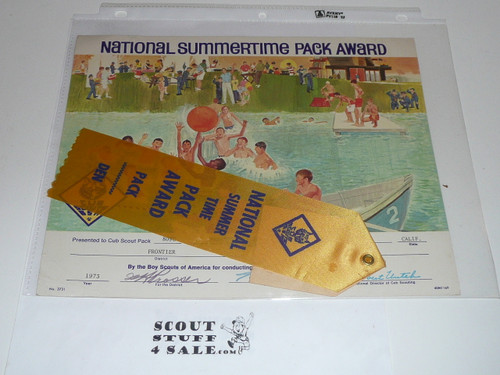 1973 National Summertime Pack Award Certificate with Ribbon, presented