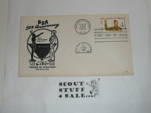 1960 Lone Scout FDC Envelope for BSA 50th Anniversary, with First Day Cancellation and BSA 4 cent stamp