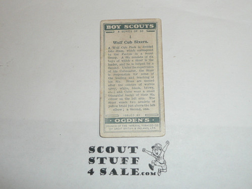 Ogden Tabacco Company Premium Card, Boy Scout Series of 50, Card #1 Wolf Cub Sixers, 1929